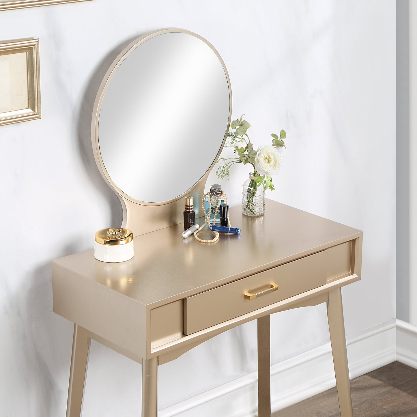 Roundhill Furniture Maly Contemporary Wood Vanity and Stool Set, Gold