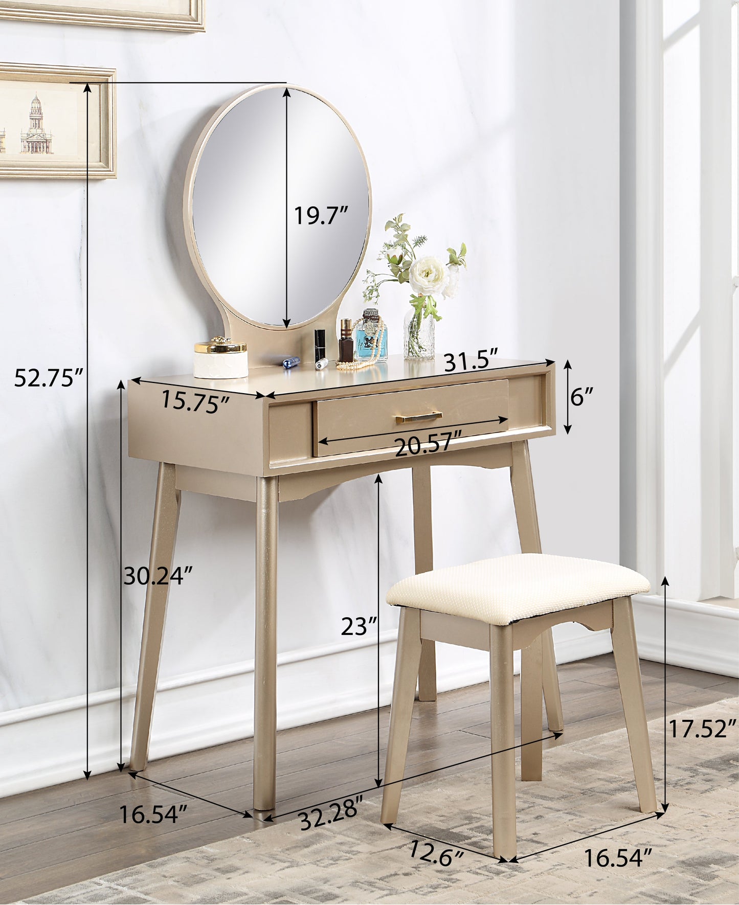 Roundhill Furniture Maly Contemporary Wood Vanity and Stool Set, Gold