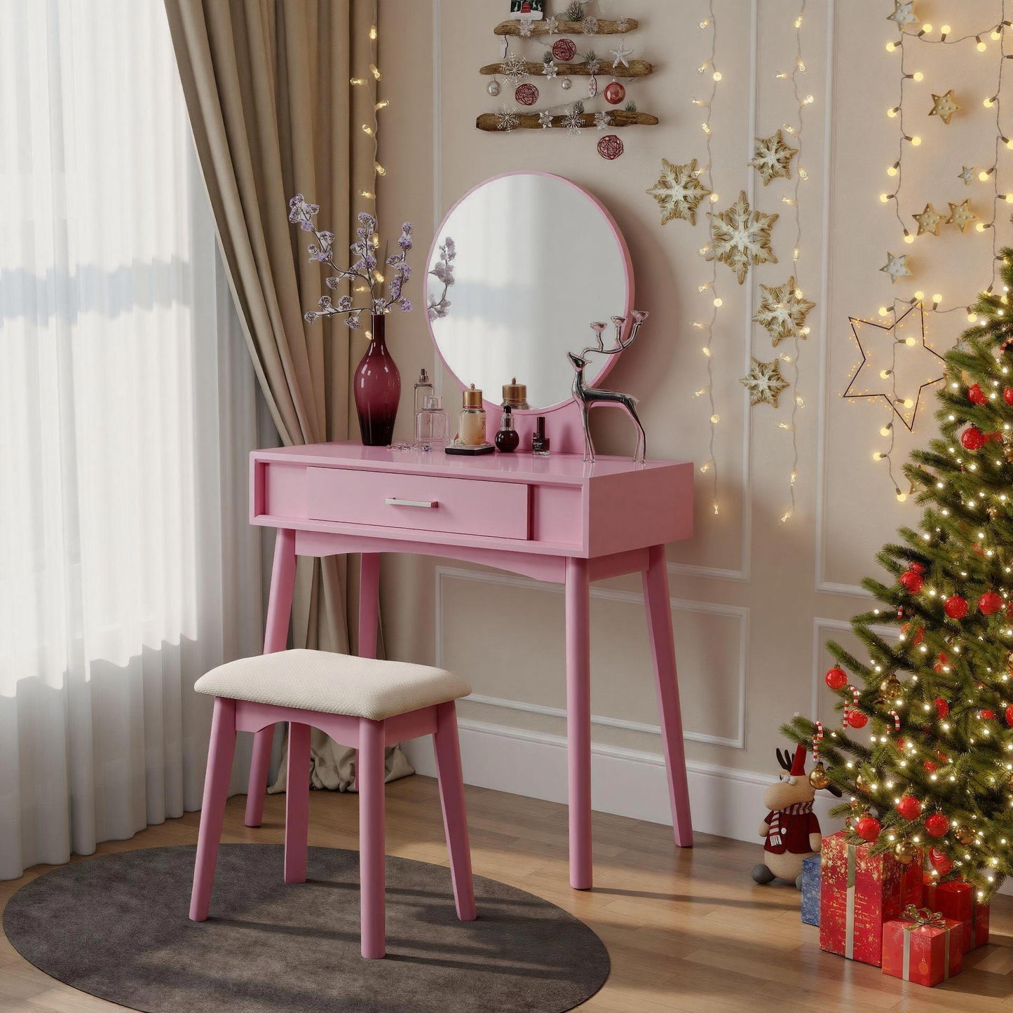 Maly Contemporary Wood Vanity and Stool Set, Pink