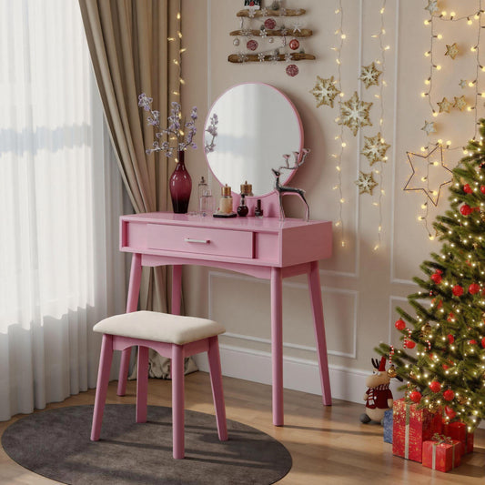 Maly Contemporary Wood Vanity and Stool Set, Pink