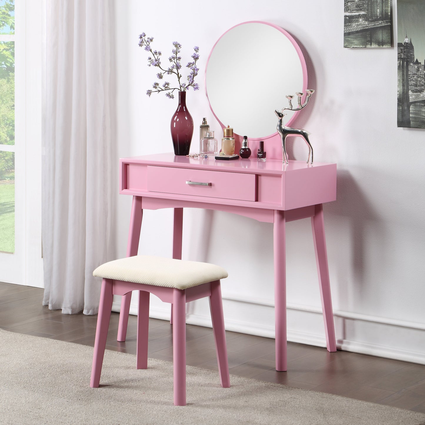 Roundhill Furniture Maly Contemporary Wood Vanity and Stool Set