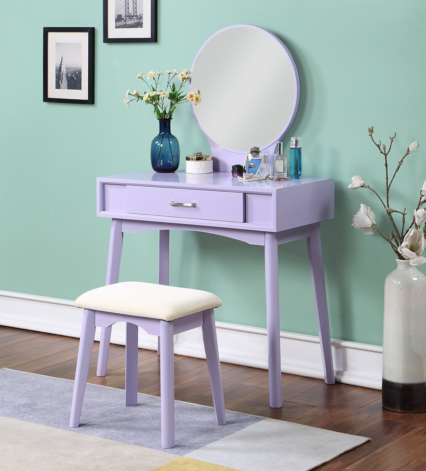 Roundhill Furniture Maly Contemporary Wood Vanity and Stool Set