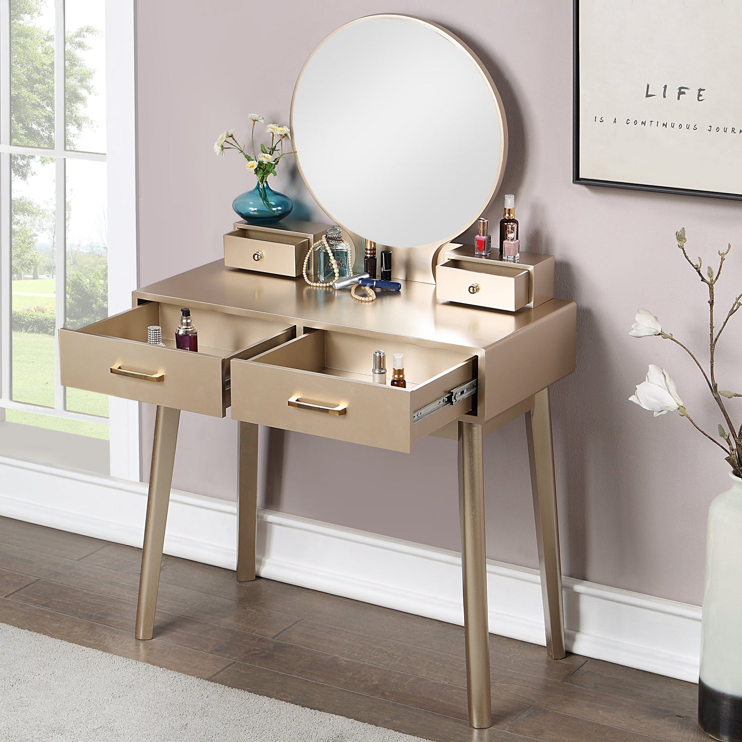 Roundhill Furniture Liannon Contemporary Wood Vanity and Stool Set