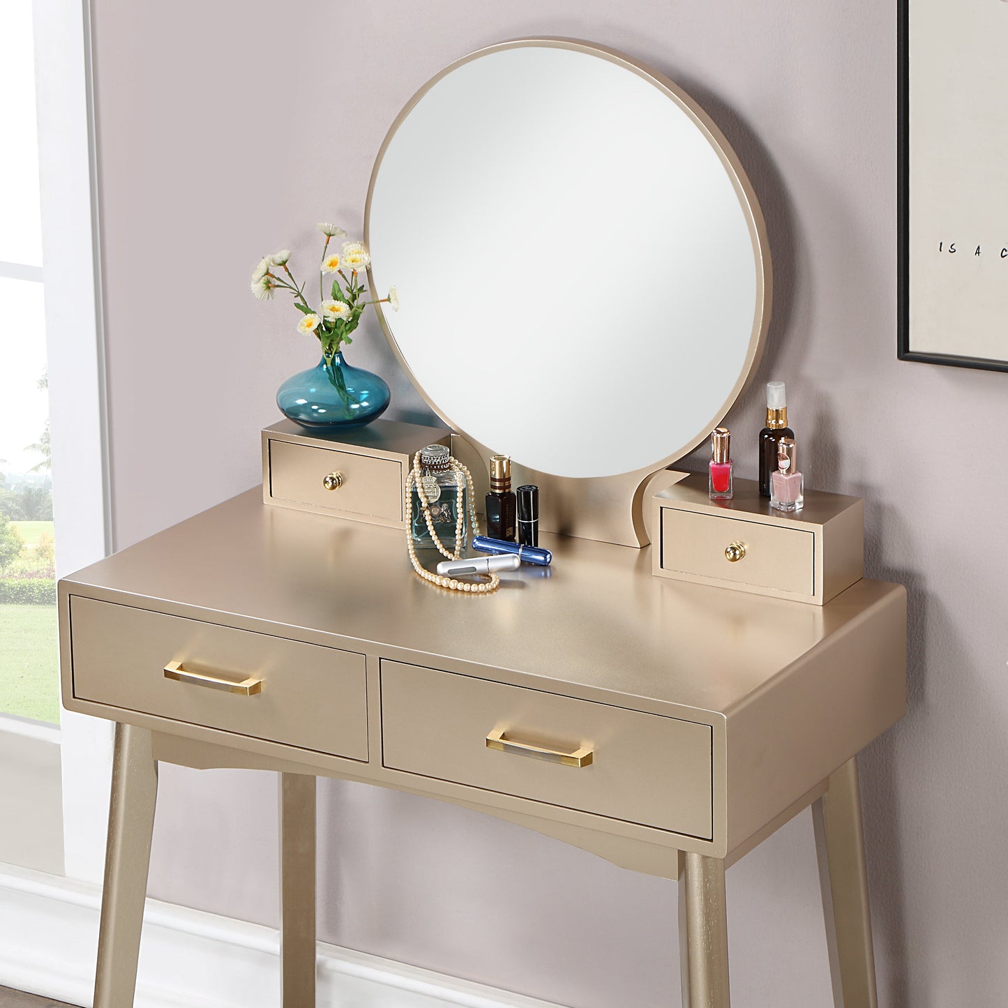 Roundhill Furniture Liannon Contemporary Wood Vanity and Stool Set, Gold