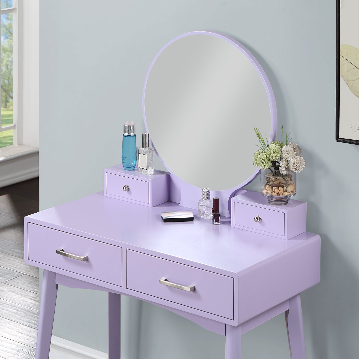 Roundhill Furniture Liannon Contemporary Wood Vanity and Stool Set, Purple