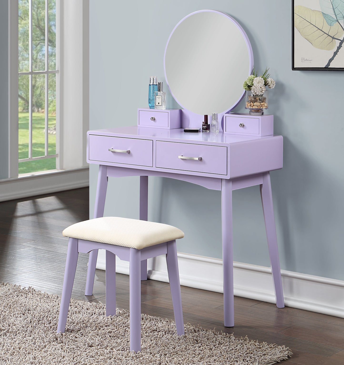 Roundhill Furniture Liannon Contemporary Wood Vanity and Stool Set