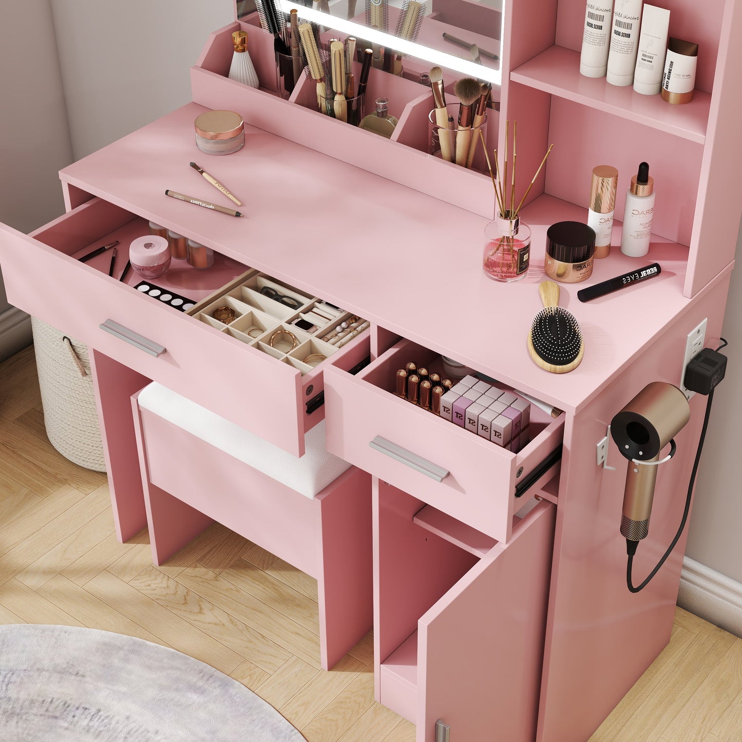 Roundhill Furniture Lavin Makeup Vanity Set, Vanity Desk with Stool, LED Light Mirror and Charging Station