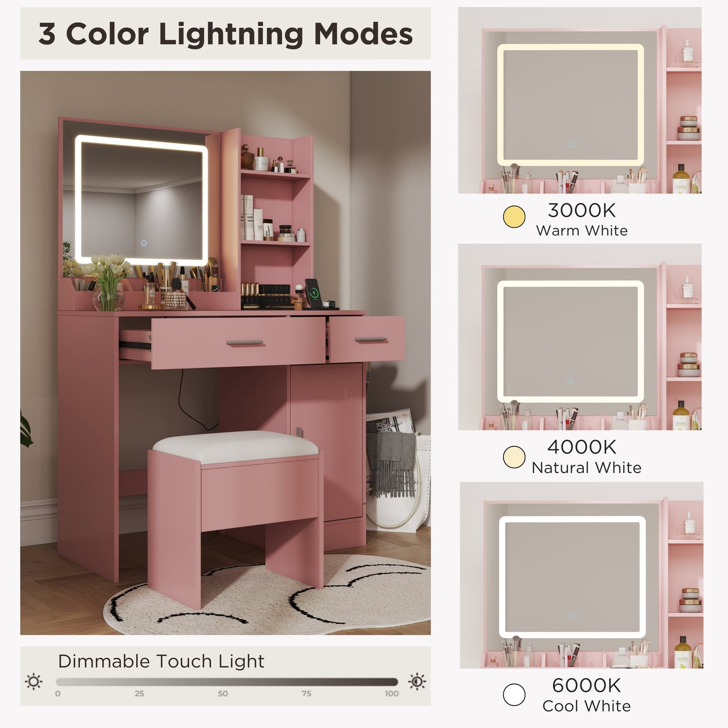 Roundhill Furniture Lavin Makeup Vanity Set, Vanity Desk with Stool, LED Light Mirror and Charging Station