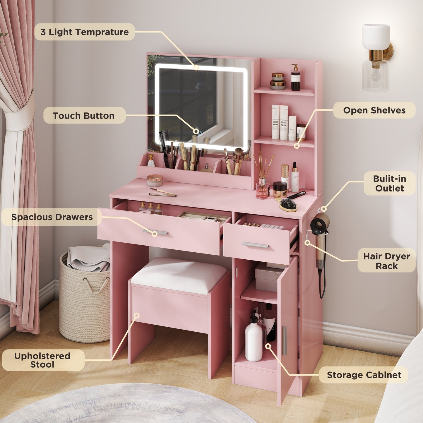 Roundhill Furniture Lavin Makeup Vanity Set, Vanity Desk with Stool, LED Light Mirror and Charging Station