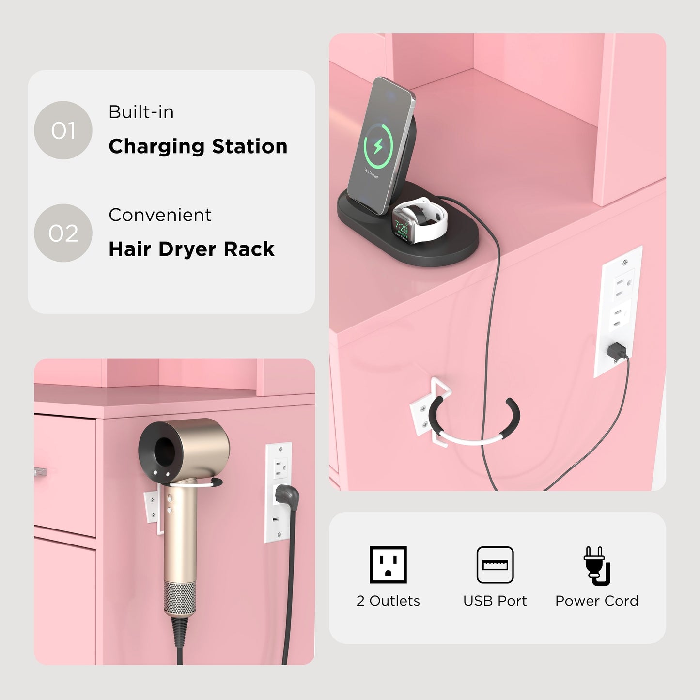 Roundhill Furniture Lavin Makeup Vanity Set, Vanity Desk with Stool, LED Light Mirror and Charging Station