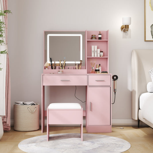 Roundhill Furniture Lavin Makeup Vanity Set, Vanity Desk with Stool, LED Light Mirror and Charging Station