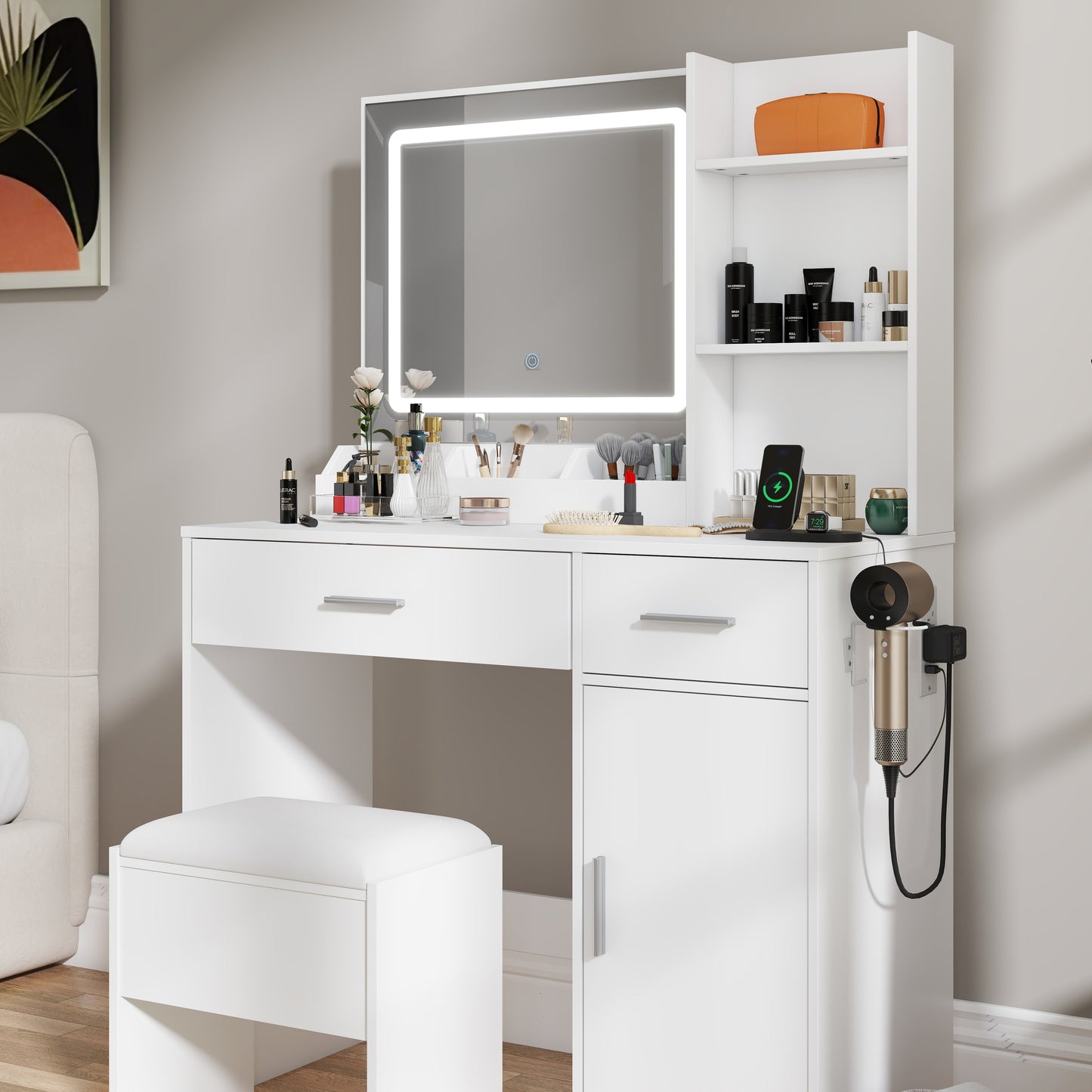 Roundhill Furniture Lavin Makeup Vanity Set, Vanity Desk with Stool, LED Light Mirror and Charging Station