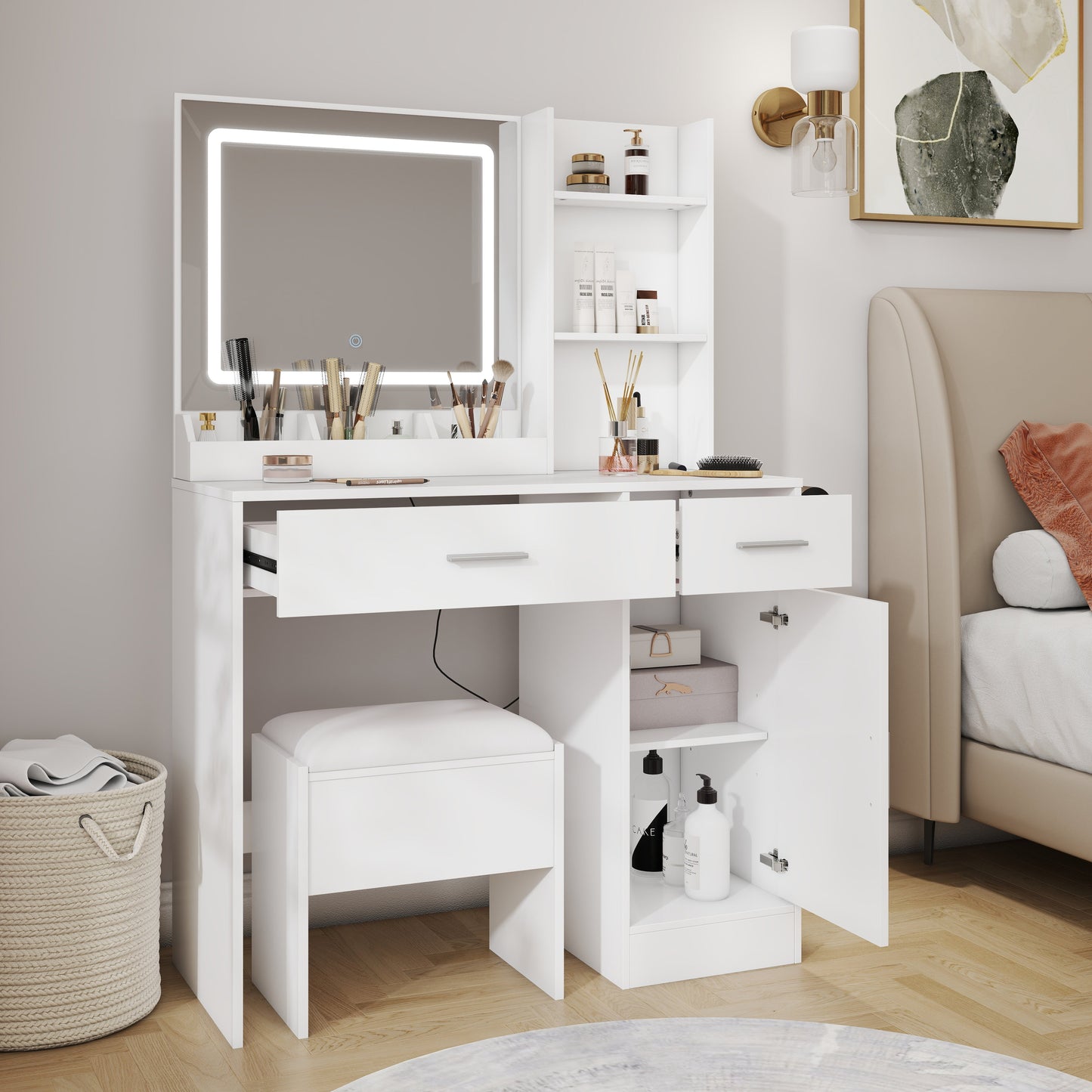 Roundhill Furniture Lavin Makeup Vanity Set, Vanity Desk with Stool, LED Light Mirror and Charging Station
