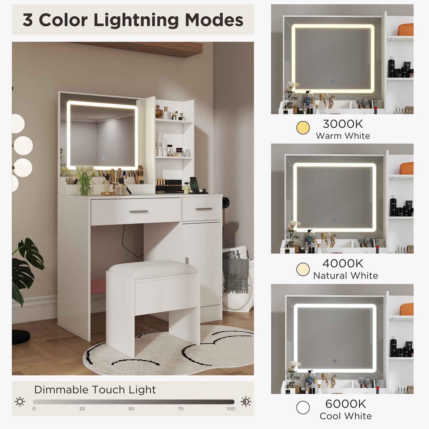 Roundhill Furniture Lavin Makeup Vanity Set, Vanity Desk with Stool, LED Light Mirror and Charging Station