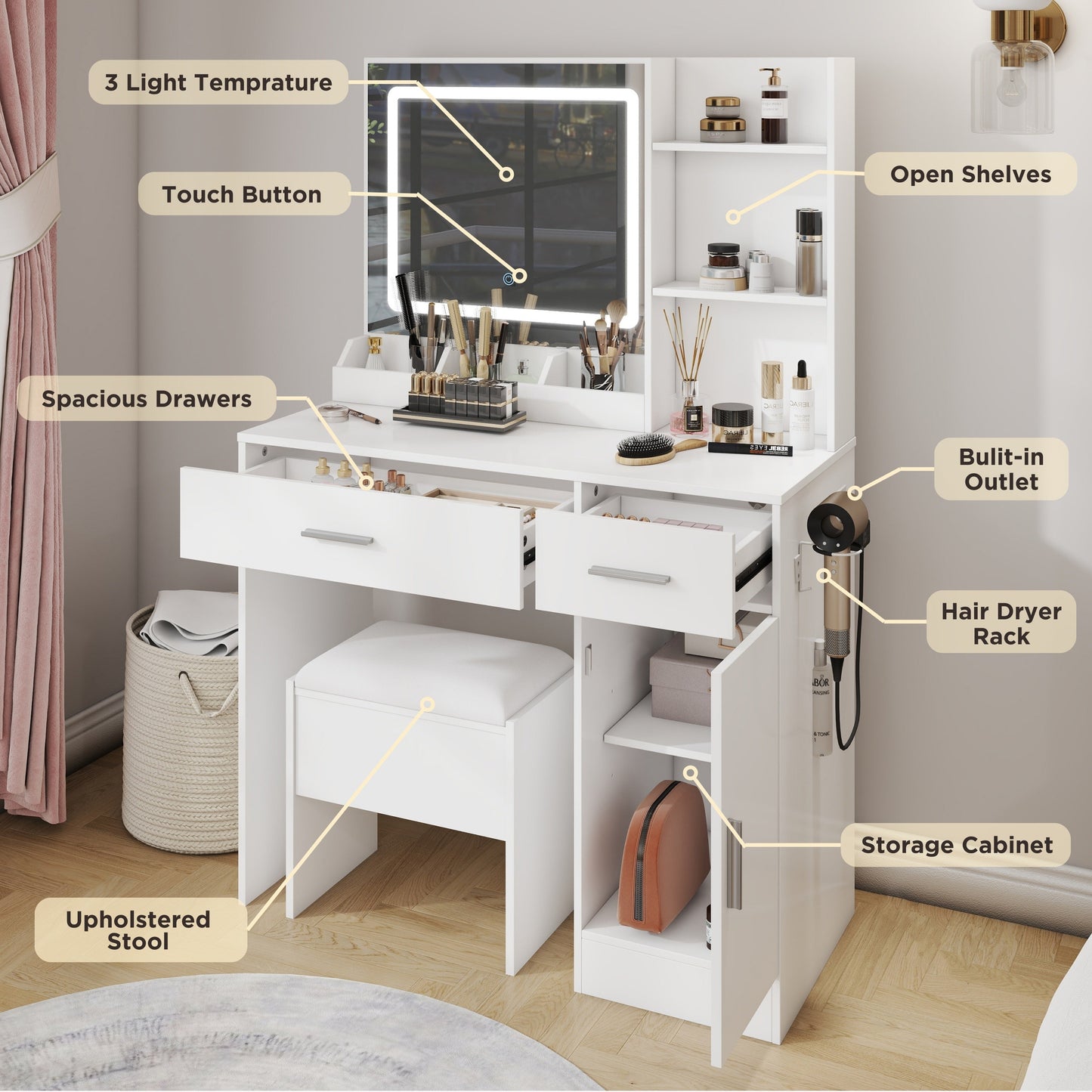 Roundhill Furniture Lavin Makeup Vanity Set, Vanity Desk with Stool, LED Light Mirror and Charging Station