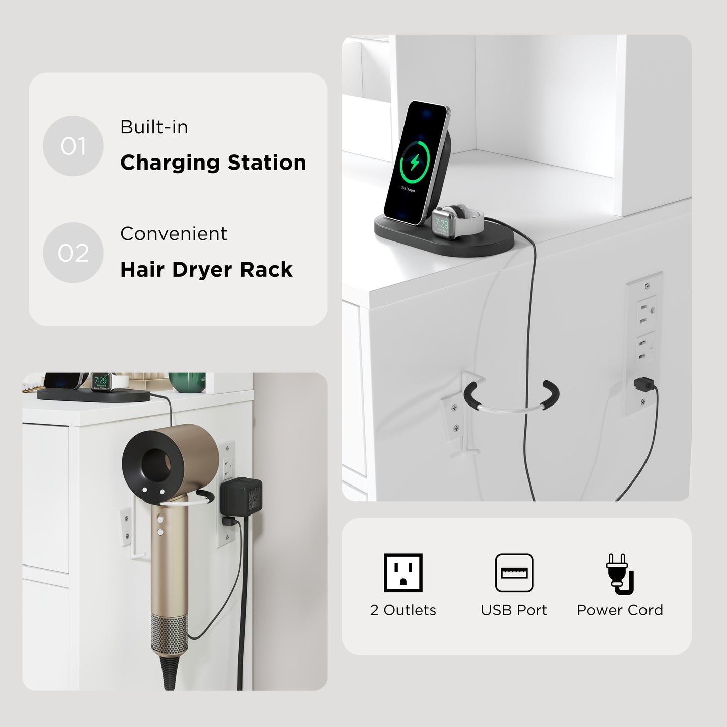 Roundhill Furniture Lavin Makeup Vanity Set, Vanity Desk with Stool, LED Light Mirror and Charging Station