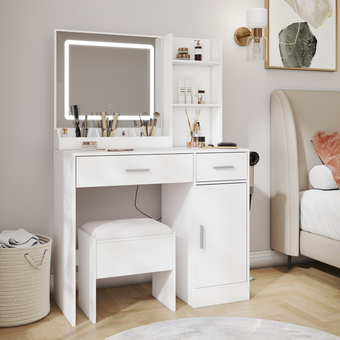 Roundhill Furniture Lavin Makeup Vanity Set, Vanity Desk with Stool, LED Light Mirror and Charging Station