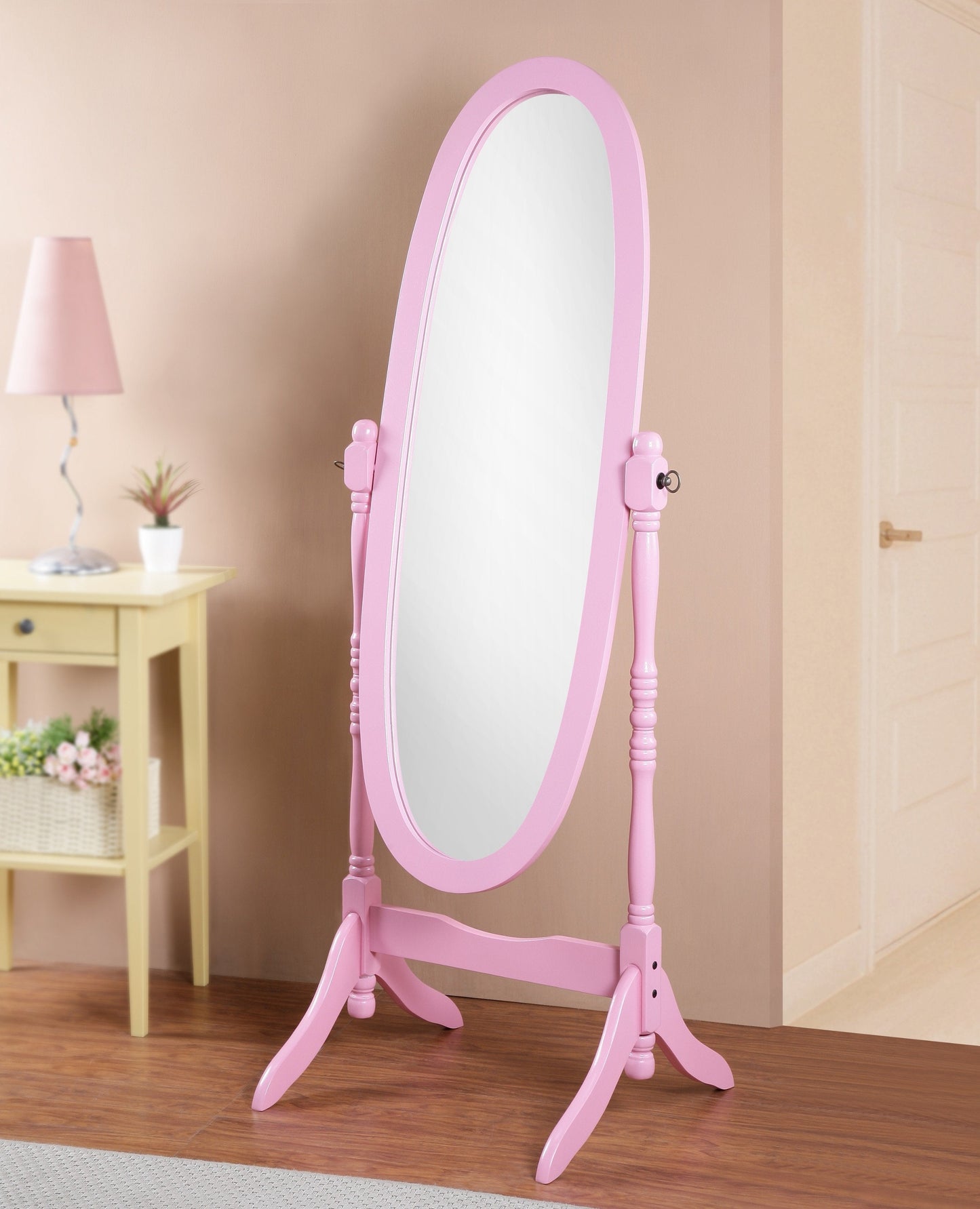 Roundhill Furniture Traditional Queen Anna Style Wood Floor Cheval Mirror, Pink Finish