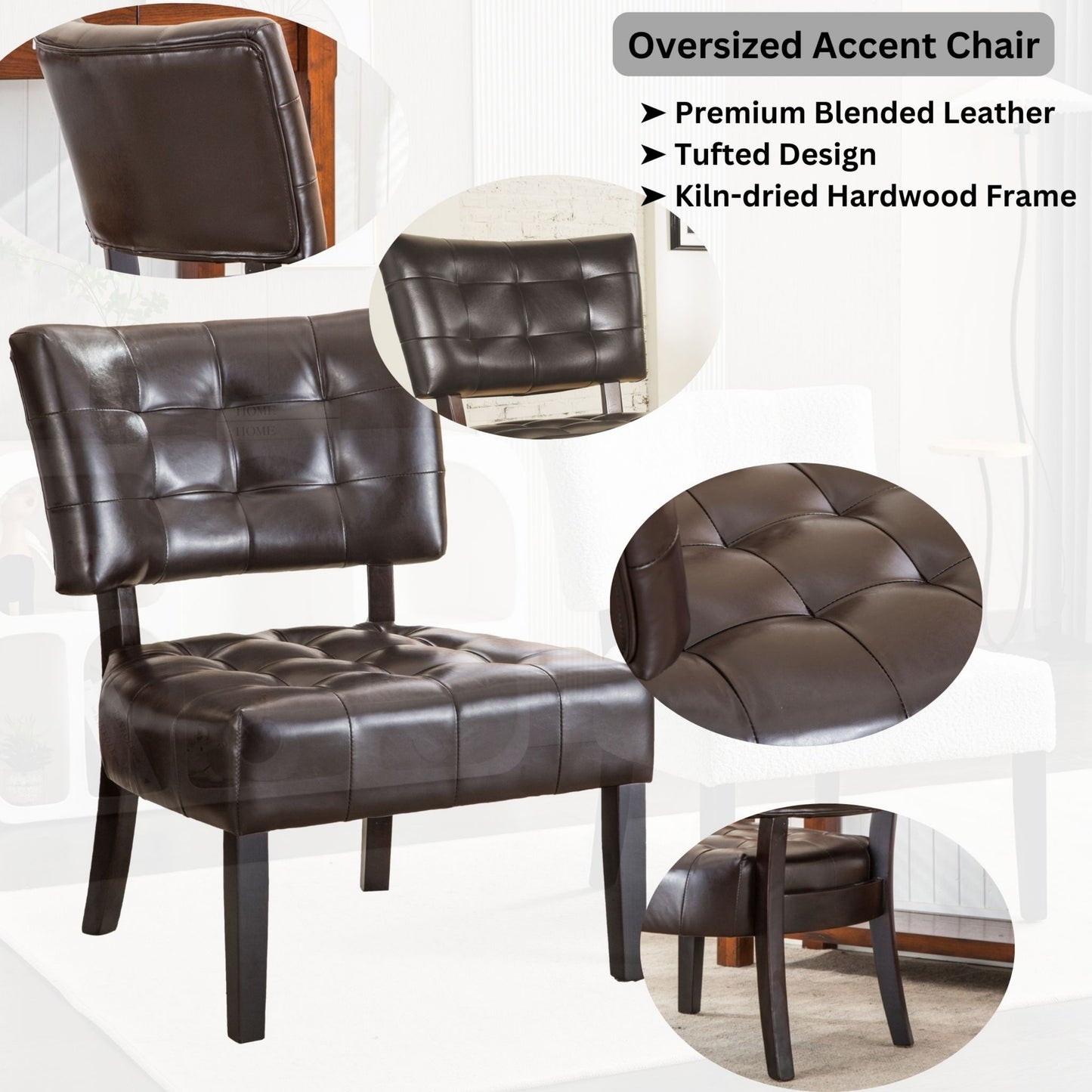 Brown Blended Leather Tufted Back Accent Chair with Oversized Seating