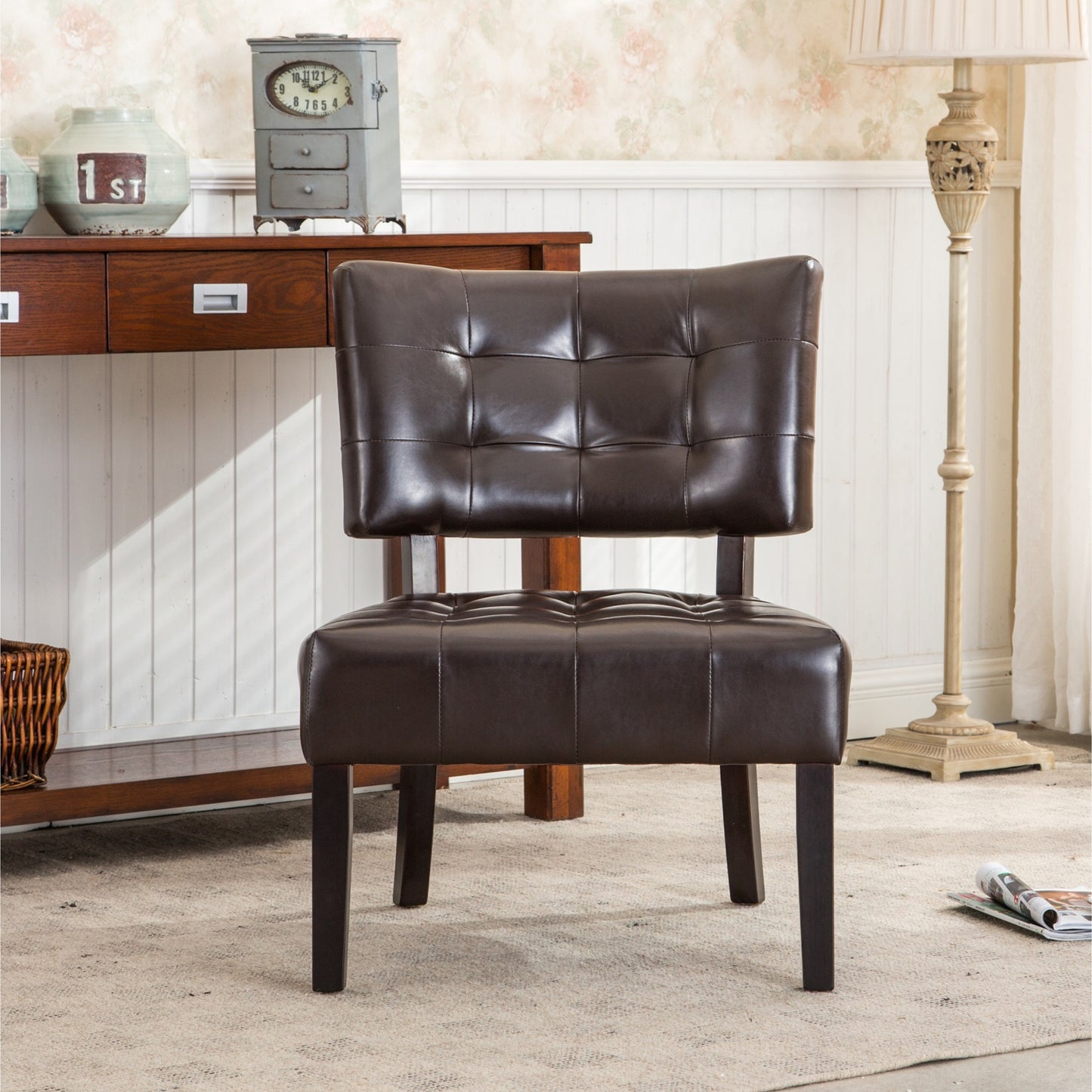 Brown Blended Leather Tufted Back Accent Chair with Oversized Seating