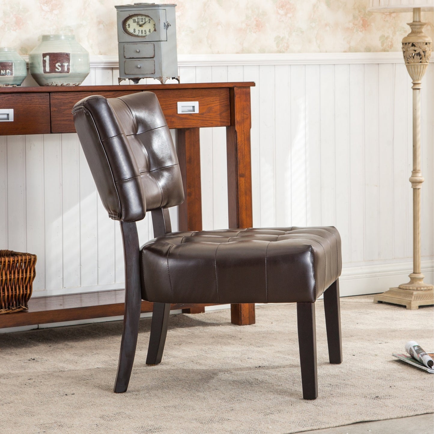 Brown Blended Leather Tufted Back Accent Chair with Oversized Seating