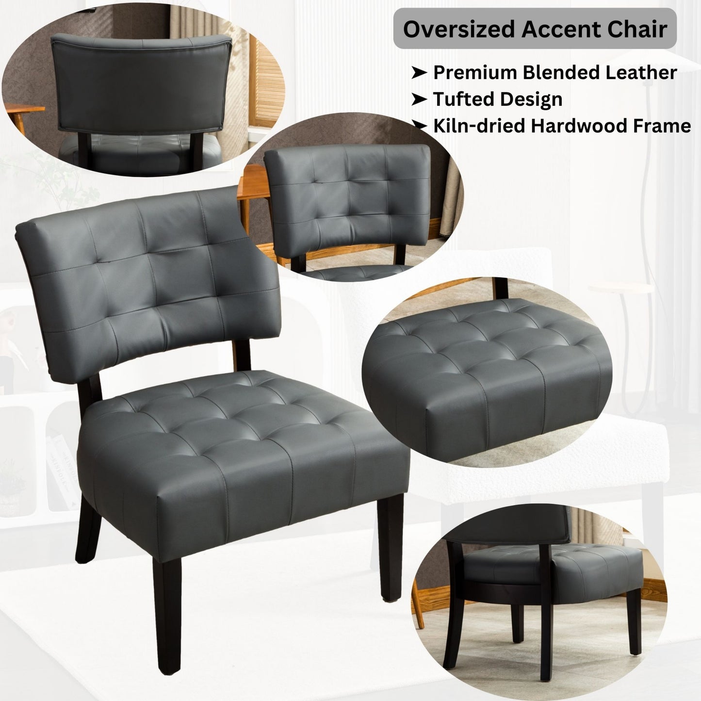 Bally Blended Grey Leather Tufted Accent Chair with Oversized Seating