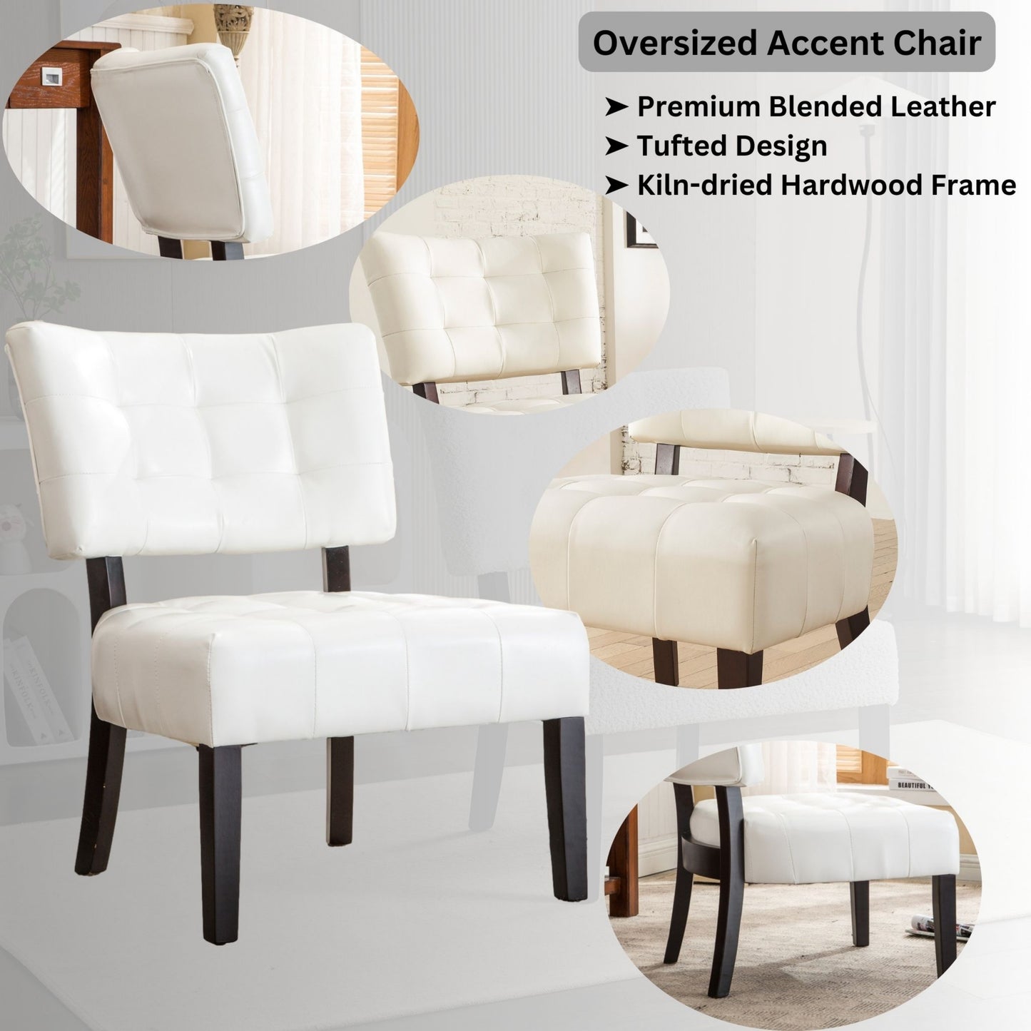 Ivory Blended Leather Tufted Back Accent Chair with Oversized Seating