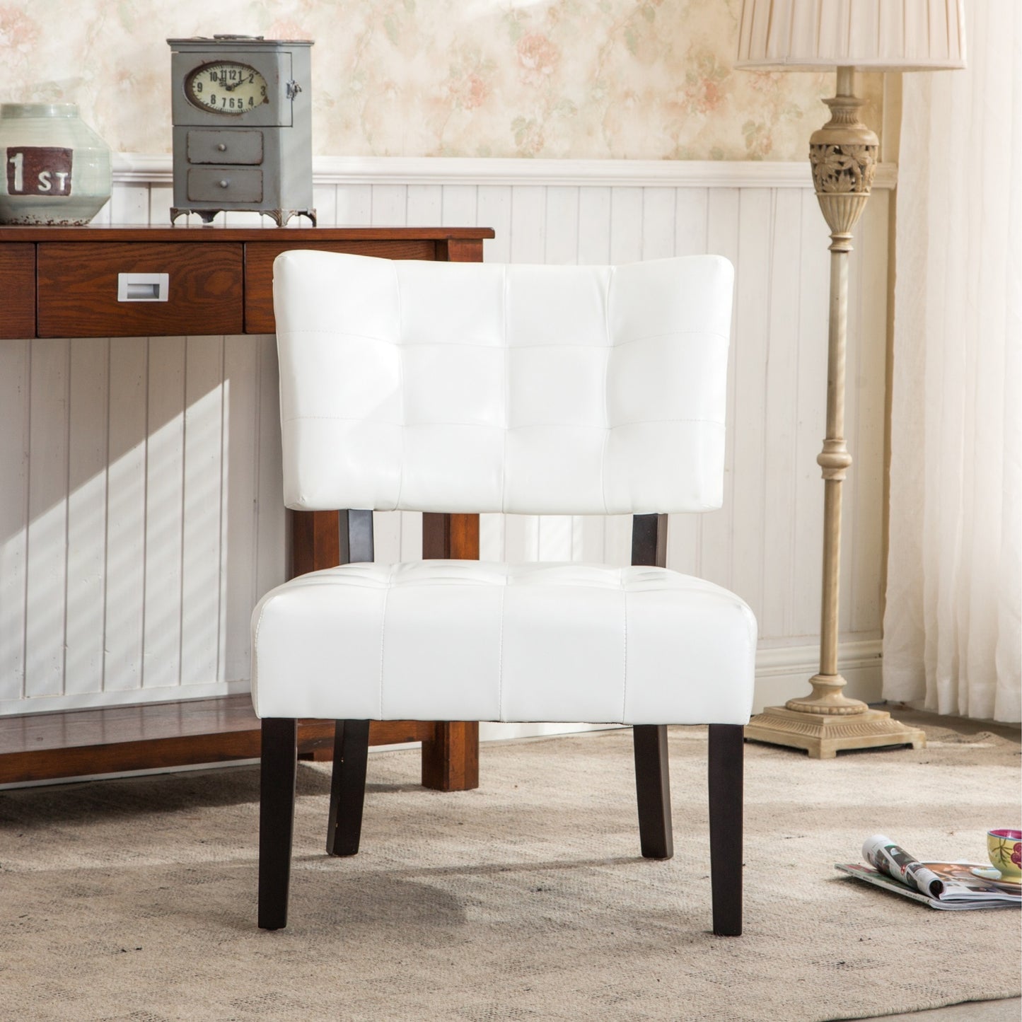 Ivory Blended Leather Tufted Back Accent Chair with Oversized Seating
