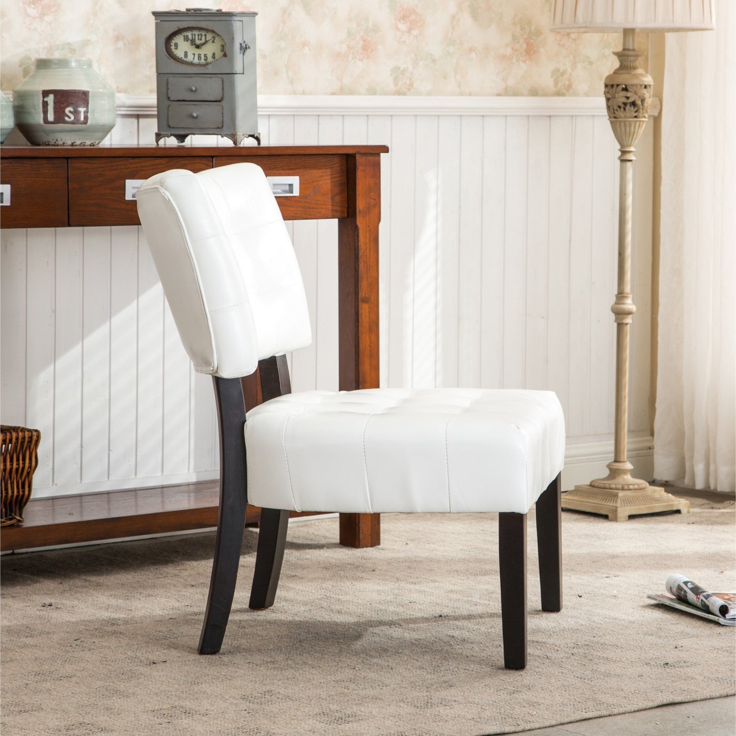 Ivory Blended Leather Tufted Back Accent Chair with Oversized Seating