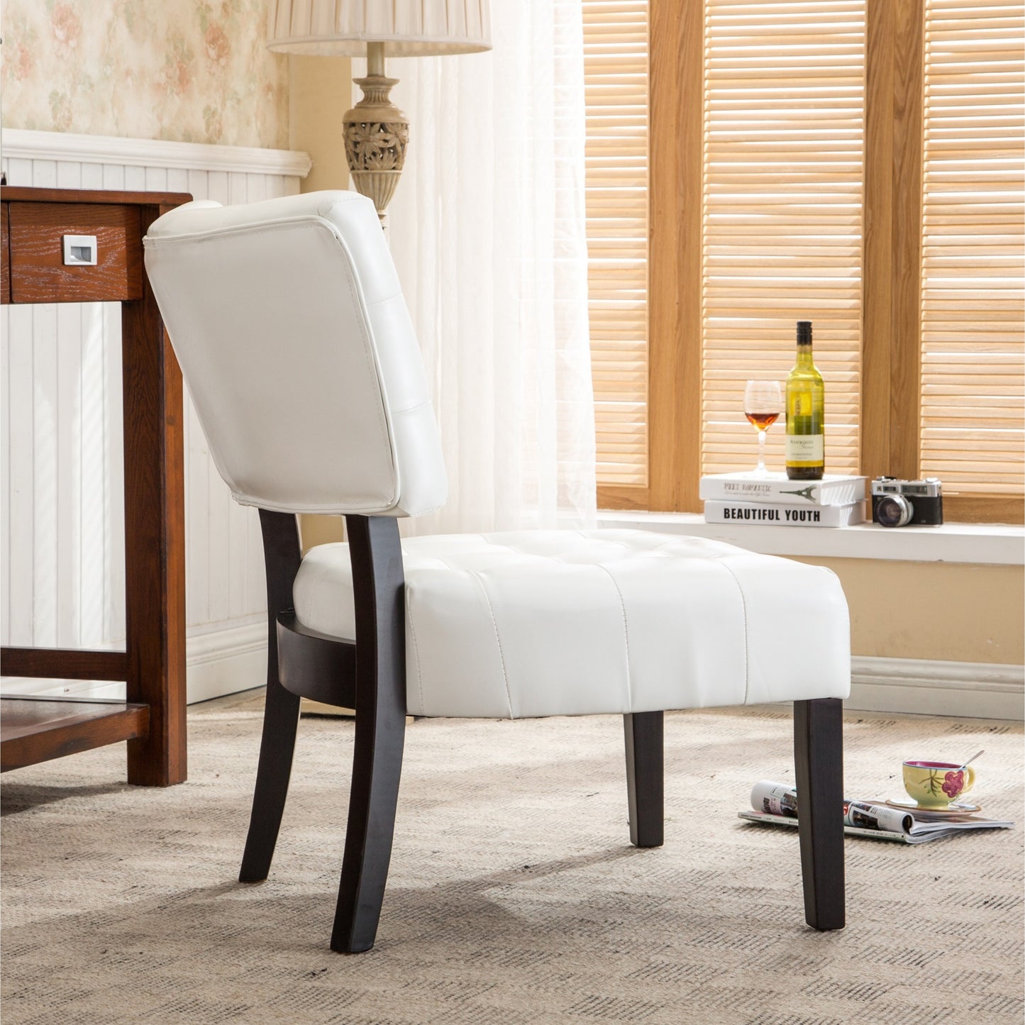Ivory Blended Leather Tufted Back Accent Chair with Oversized Seating