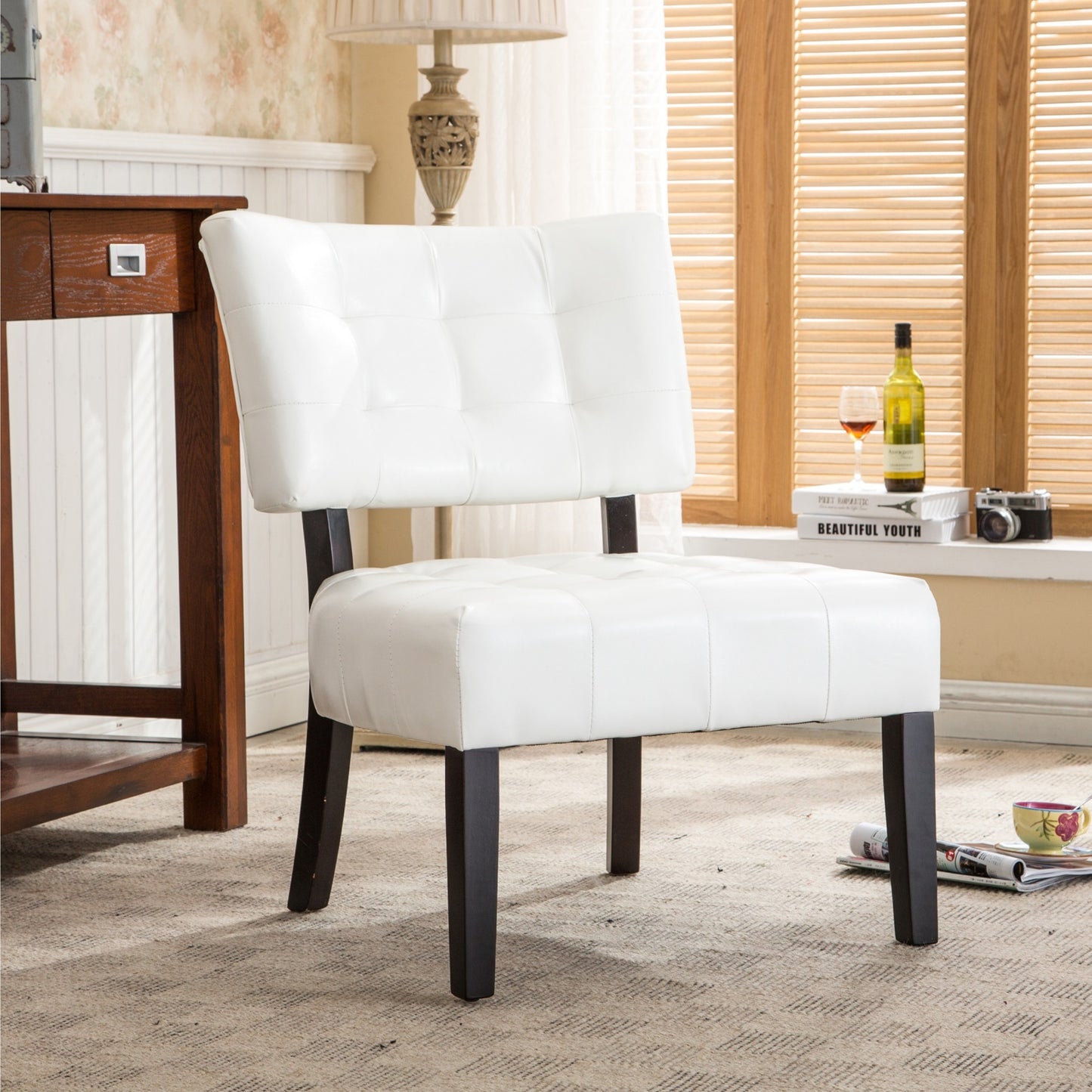 Ivory Blended Leather Tufted Back Accent Chair with Oversized Seating