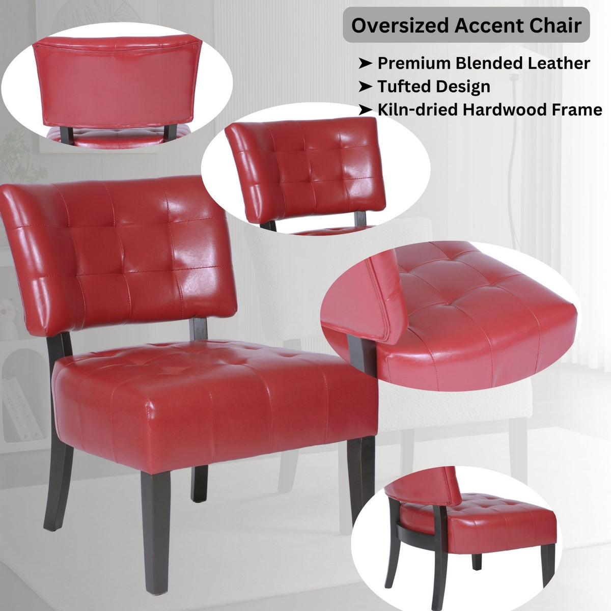 Red Blended Leather Tufted Back Accent Chair with Oversized Seating