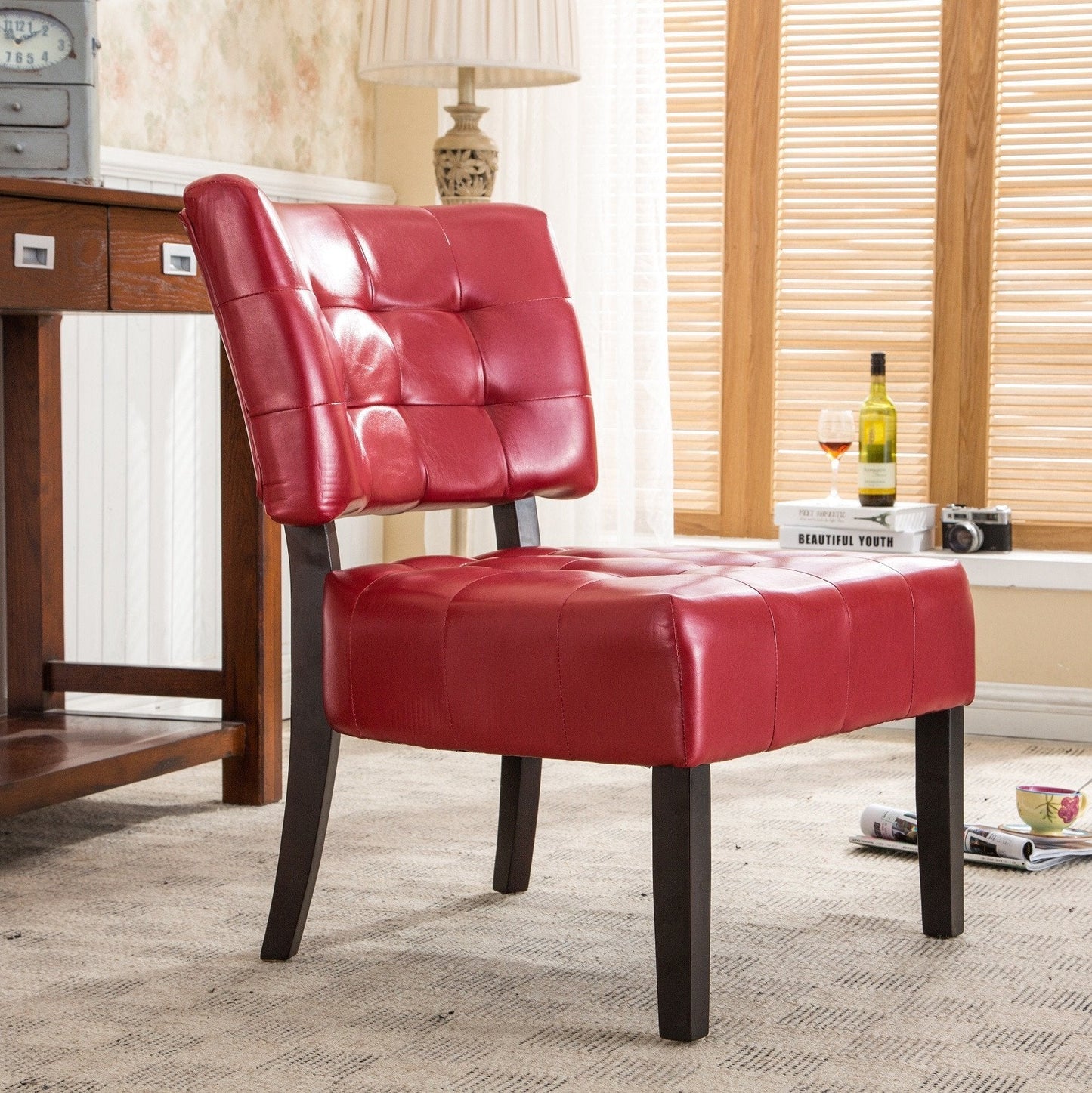 Roundhill Furniture Tufted Accent Chair with Oversized Seating, Blended Leather Red