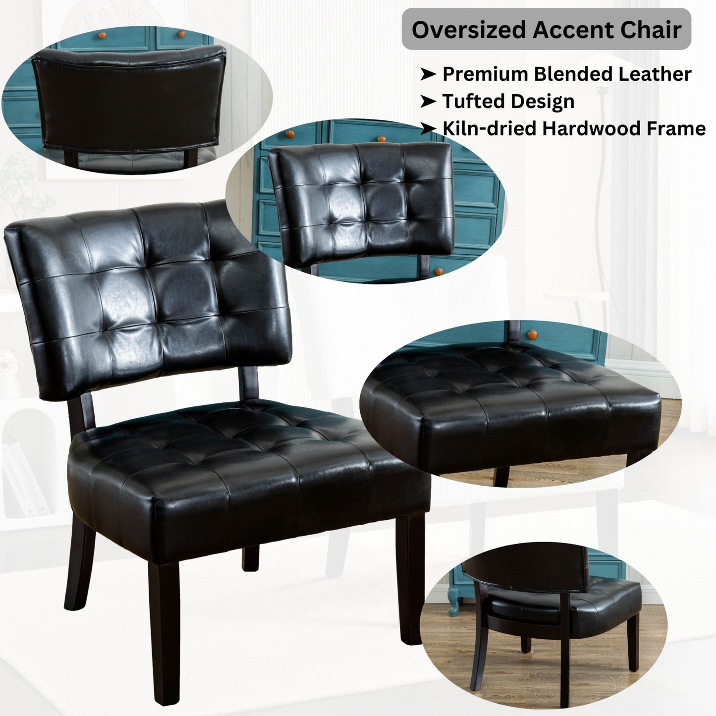 Faux Leather Tufted Accent Chair with Oversized Seating, Black