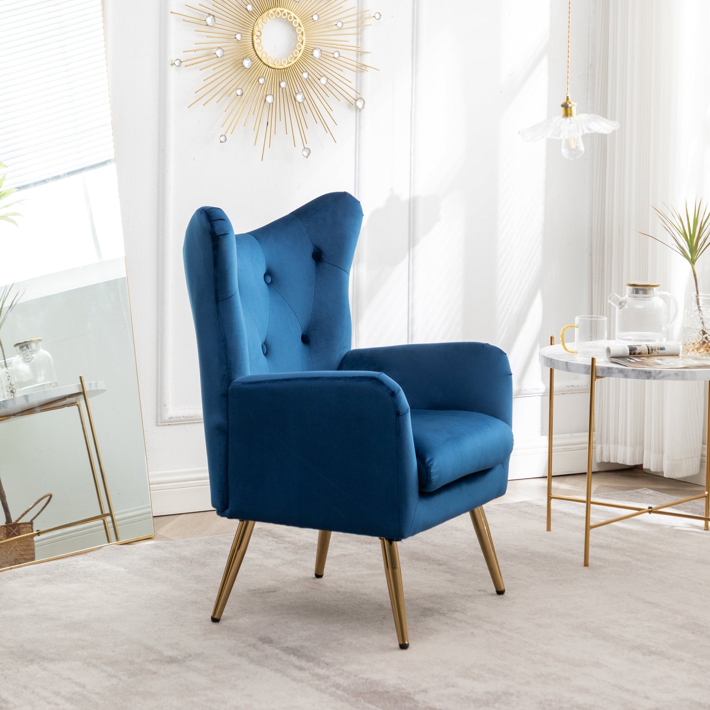Roundhill Furniture Sovarol Velvet Button-Tufted Wing Back Accent Chair, Blue