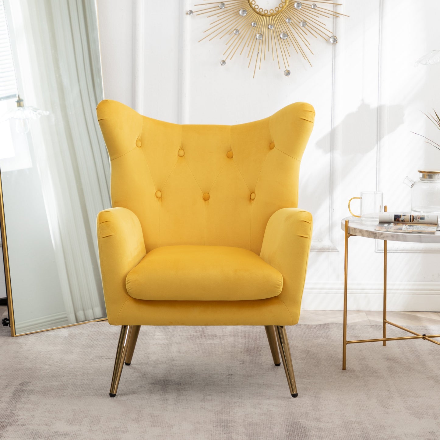 Roundhill Furniture Sovarol Velvet Button-Tufted Wing Back Accent Chair, Yellow