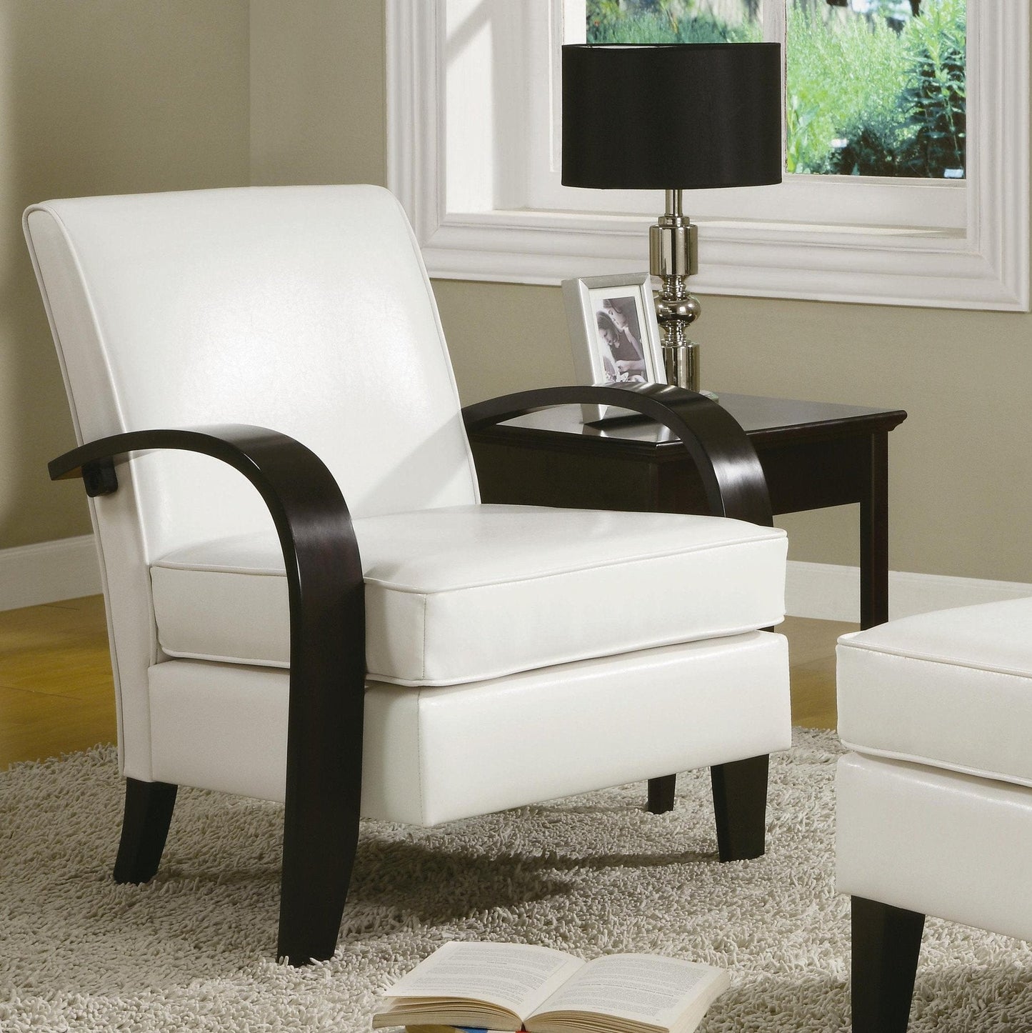 White Bonded Leather Arm Chairs with Ottoman