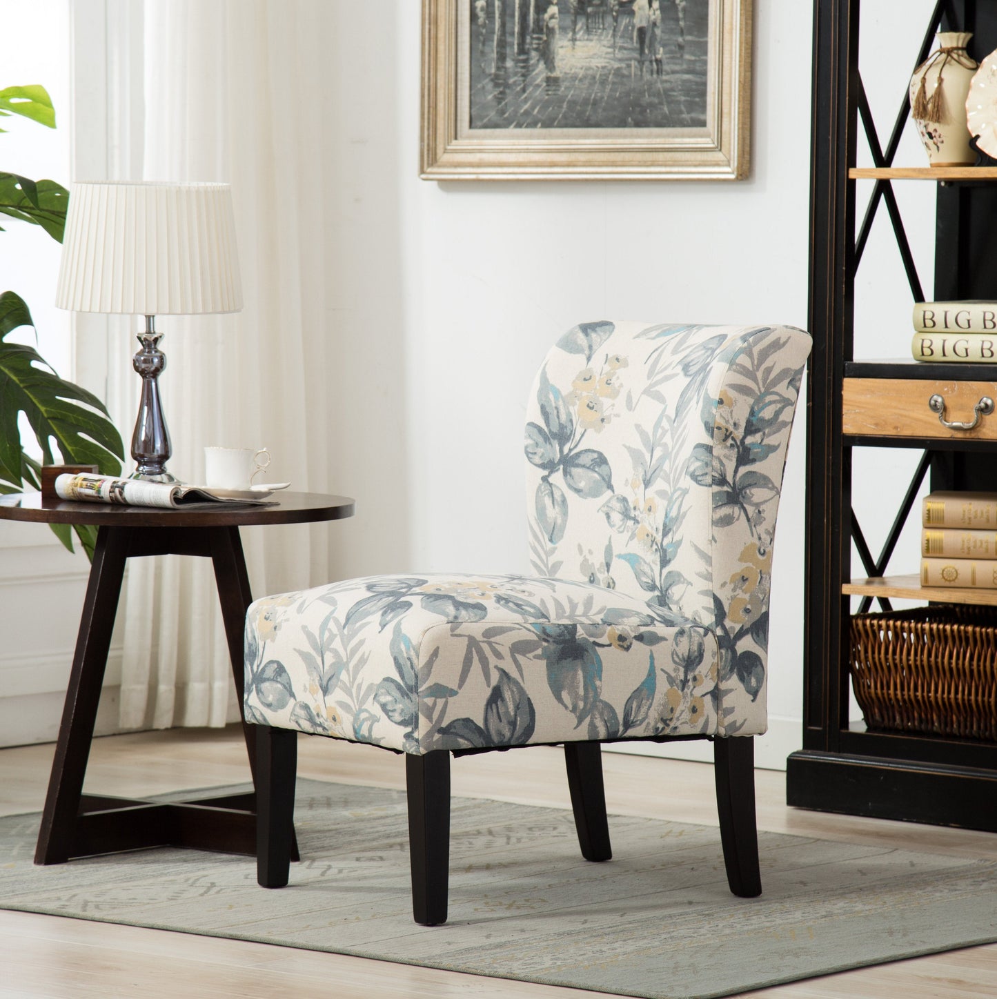 Roundhill Furniture Capa Fabric Armless Contemporary Accent Chair, Blue Leaves