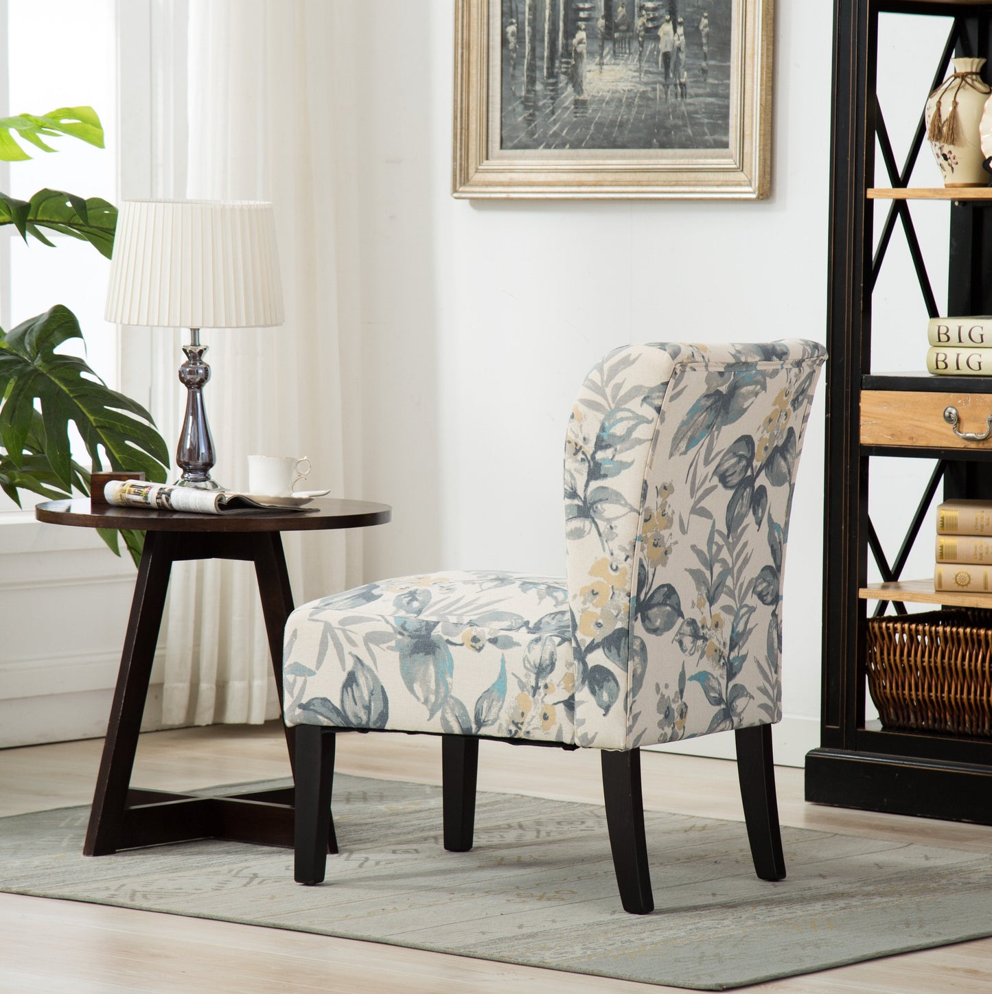 Roundhill Furniture Capa Fabric Armless Contemporary Accent Chair, Blue Leaves