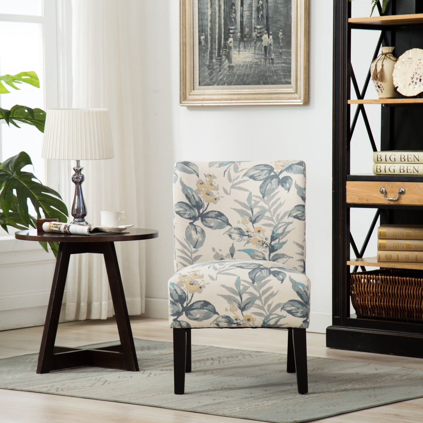 Roundhill Furniture Capa Fabric Armless Contemporary Accent Chair, Blue Leaves