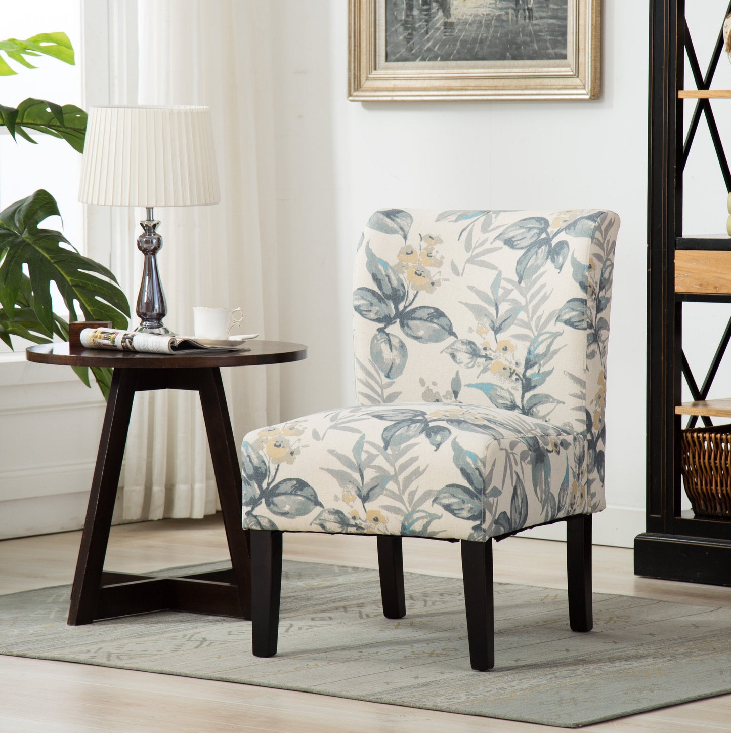 Roundhill Furniture Capa Fabric Armless Contemporary Accent Chair, Blue Leaves