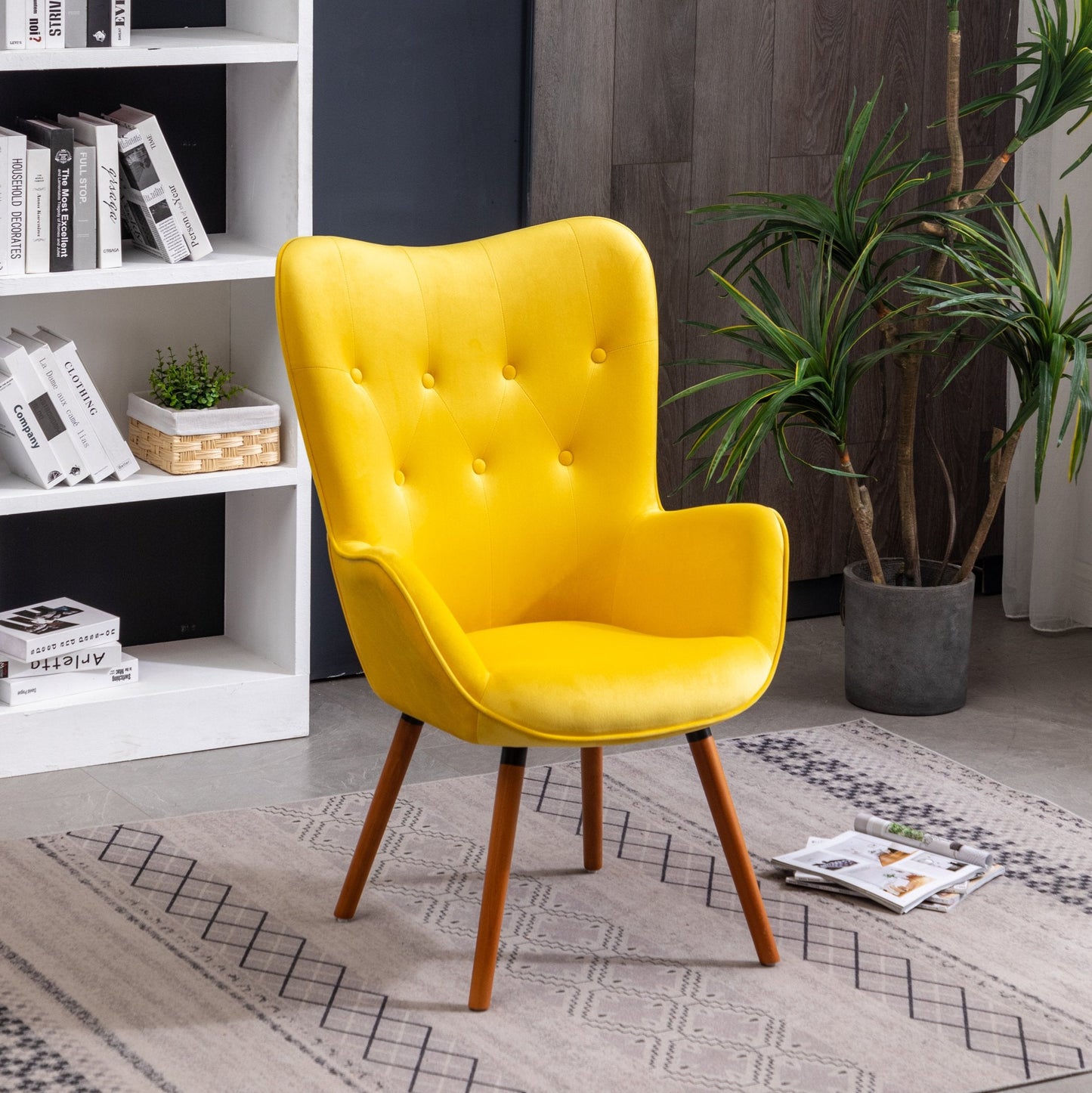 Doarnin Contemporary Silky Velvet Tufted Button Back Accent Chair, Yellow