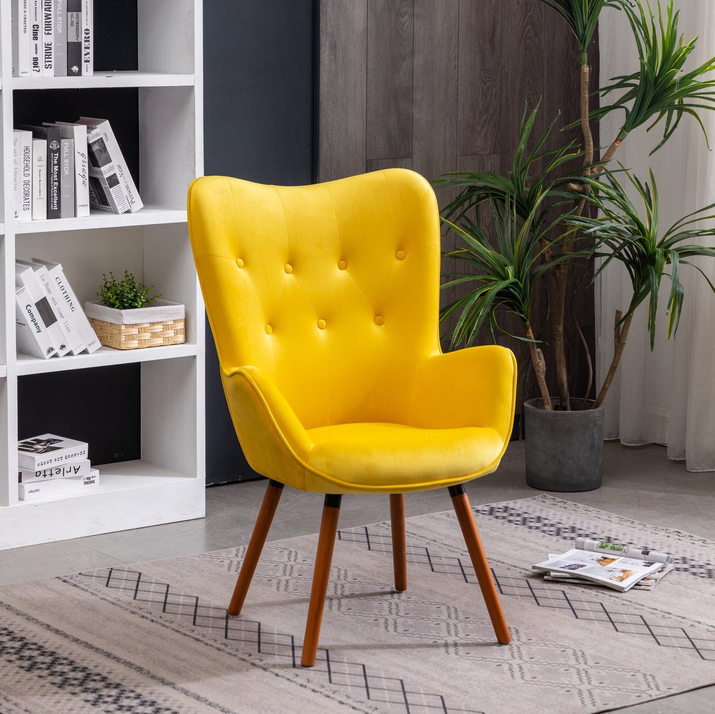 Roundhill Furniture Doarnin Contemporary Silky Velvet Tufted Button Back Accent Chair, Yellow