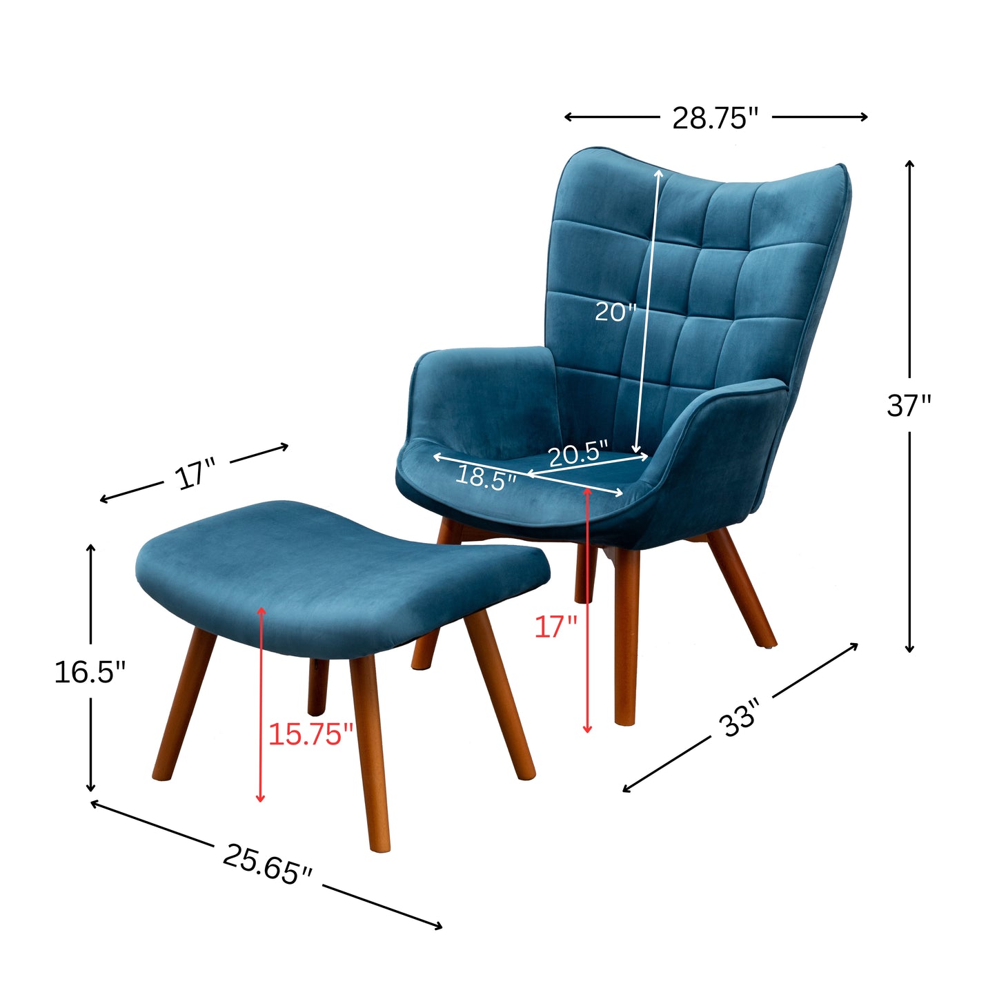 Leiria Contemporary Silky Velvet Tufted Accent Chair with Ottoman, Blue