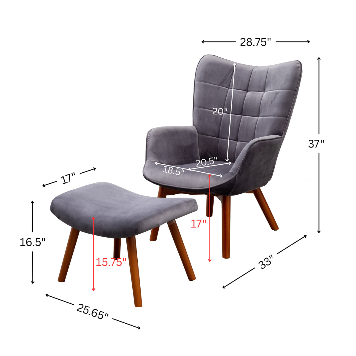 Leiria Contemporary Silky Velvet Tufted Accent Chair with Ottoman, Gray