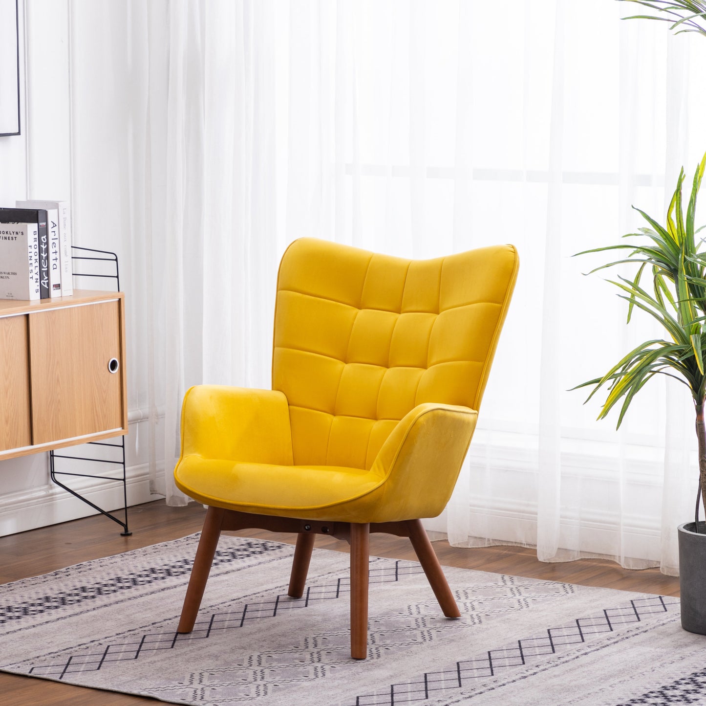 Roundhill Furniture Leiria Contemporary Silky Velvet Tufted Accent Chair with Ottoman, Yellow