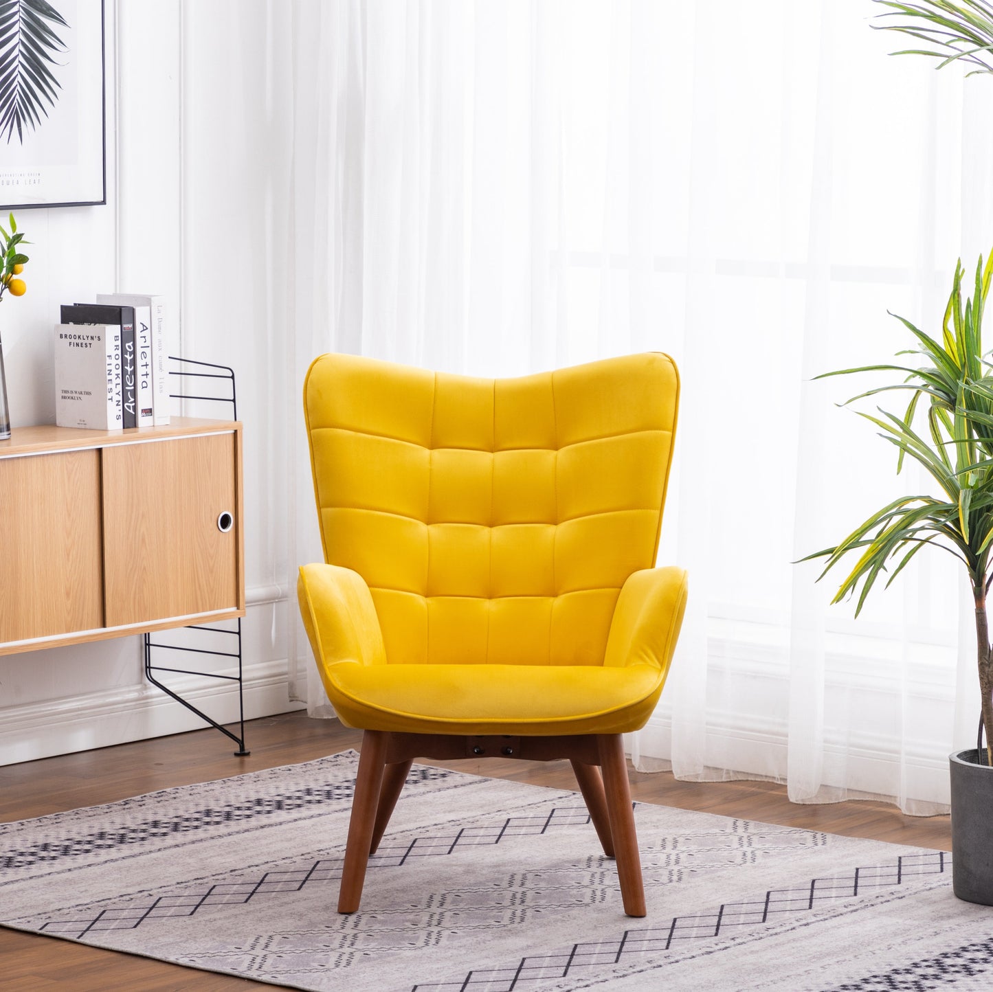 Roundhill Furniture Leiria Contemporary Silky Velvet Tufted Accent Chair with Ottoman, Yellow