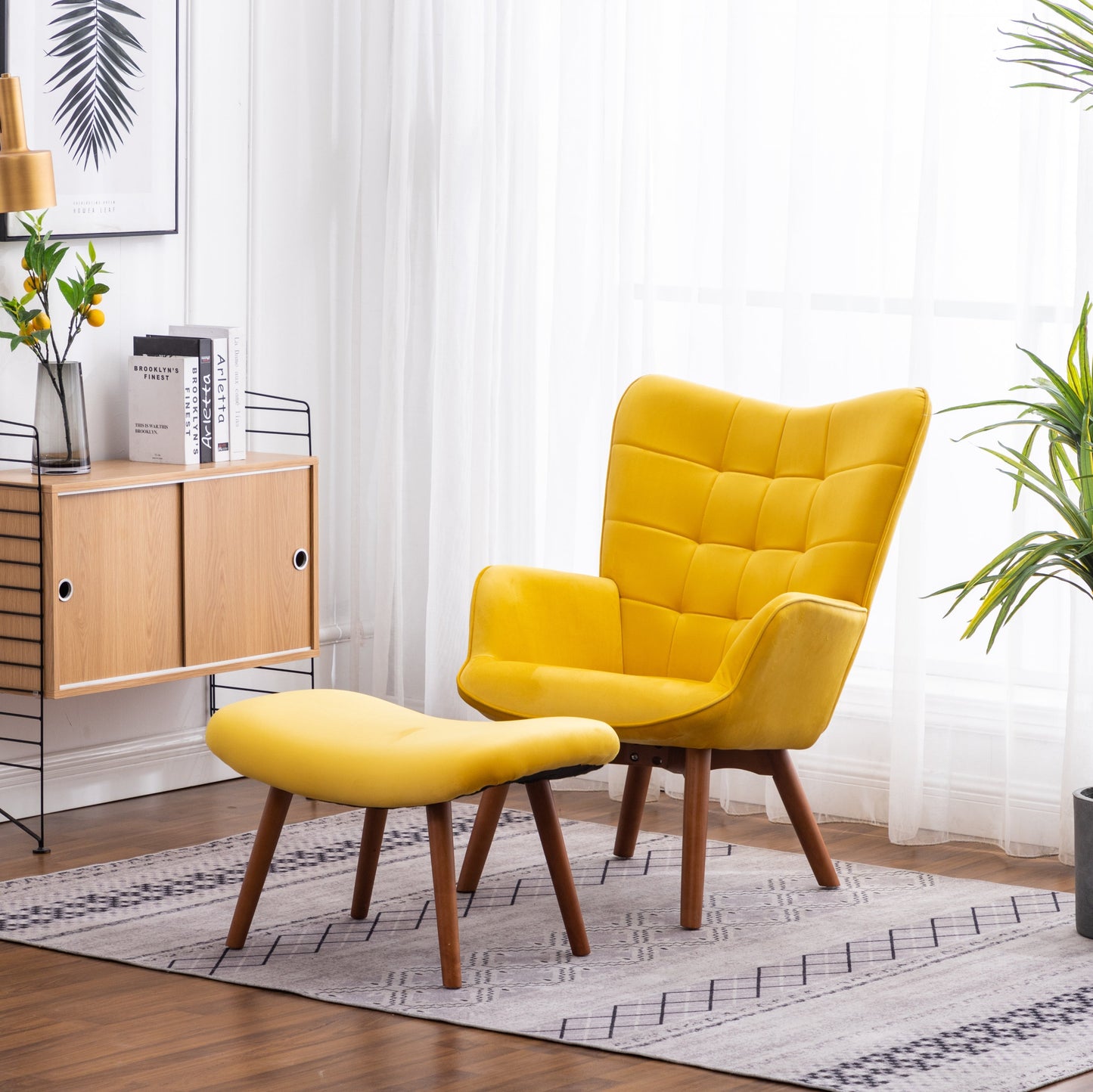 Roundhill Furniture Leiria Contemporary Silky Velvet Tufted Accent Chair with Ottoman, Yellow