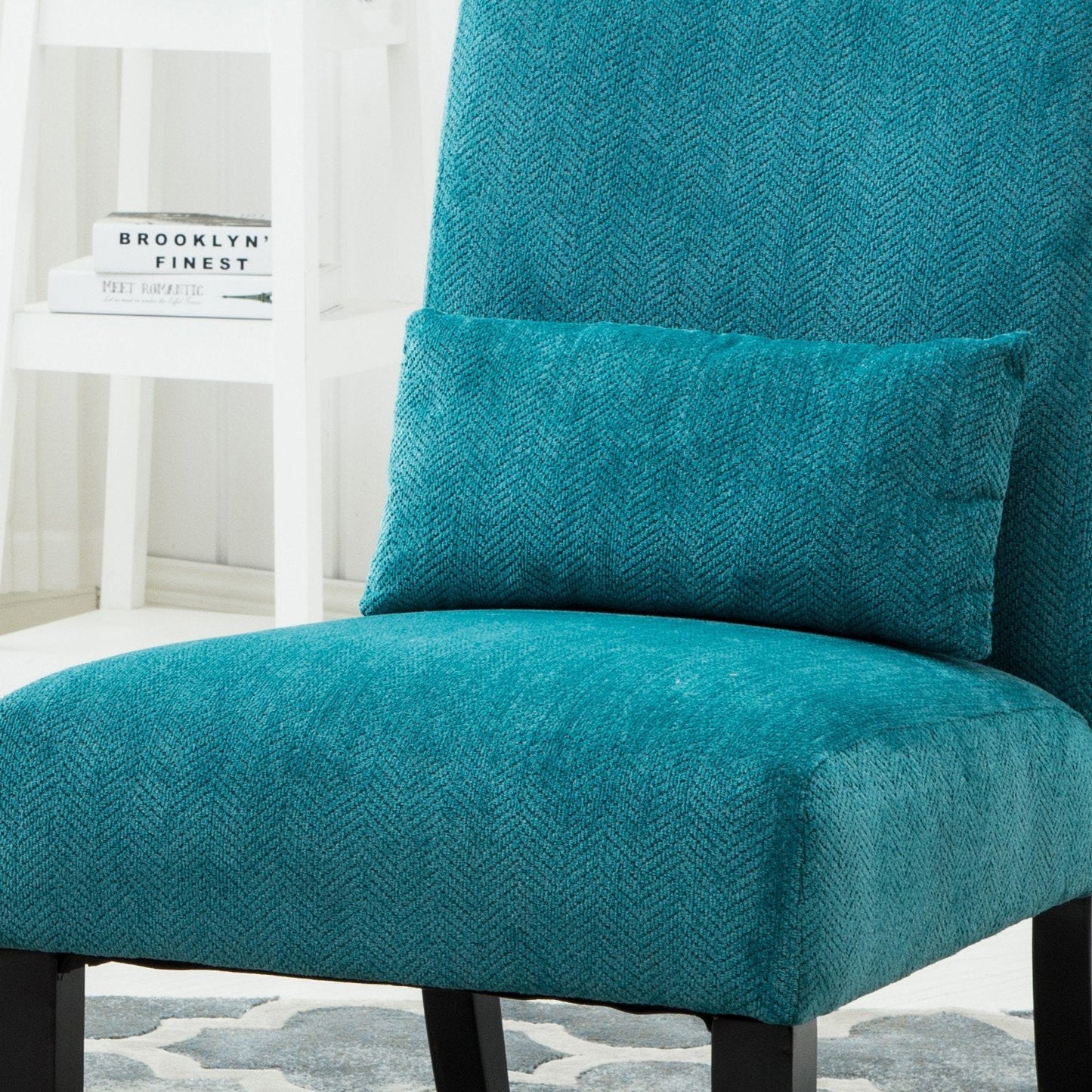 Pisano Teal Blue chenille Fabric Armless Contemporary Accent Chair with Pillow