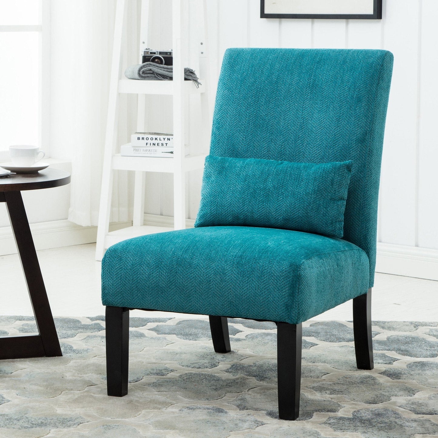 Pisano Teal Blue chenille Fabric Armless Contemporary Accent Chair with Pillow
